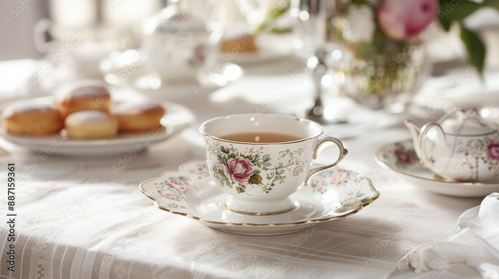 beautifully set tea table with fine china teacups, saucers, and a teapot, adorned with floral patterns. elegant setup includes a lace tablecloth and pastries, refined and classic afternoon tea beautifully set tea table with fine china teacups, saucers, and a teapot, adorned with floral patterns. elegant setup includes a lace tablecloth and pastries, refined and classic afternoon tea