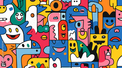 Whimsical illustration of various cartoonish characters in bright colors. The playful and imaginative design is filled with personality and humor, suitable for children's themes
