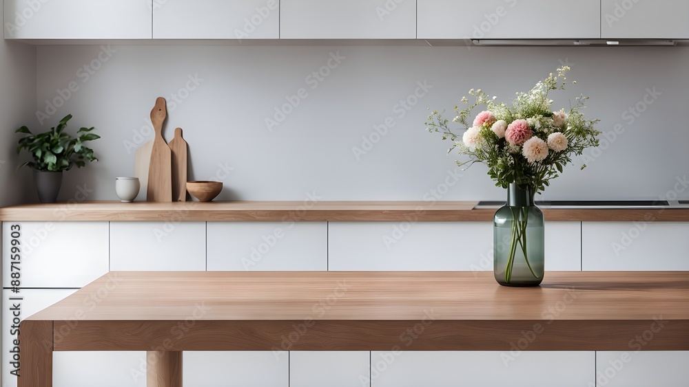 Fototapeta premium Wooden table with flower vase on background of kitchen bench. Generative ai