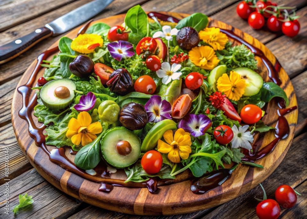 Vibrant fresh mixed greens, cherry tomatoes, carrots, and avocado, artistically arranged on a rustic wooden platter, garnished with edible flowers and a balsamic glaze drizzle. Vibrant fresh mixed greens, cherry tomatoes, carrots, and avocado, artistically arranged on a rustic wooden platter, garnished with edible flowers and a balsamic glaze drizzle.