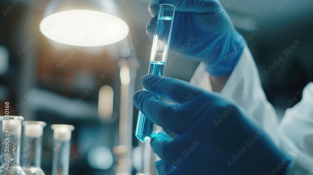 Scientist holding test tube with light blue liquid in lab close up Text space available Scientist holding test tube with light blue liquid in lab close up Text space available