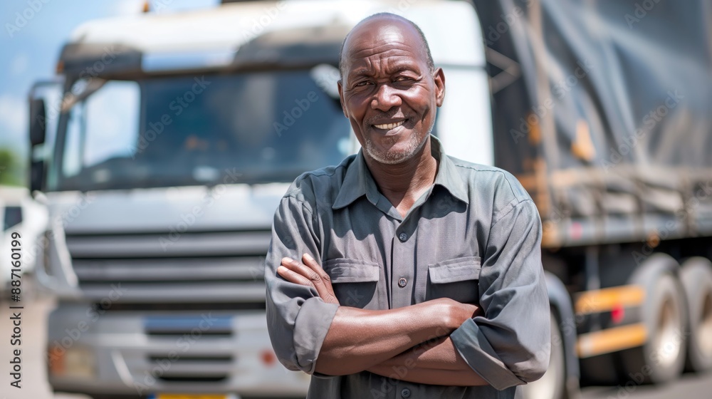 Senior African Man with Kind Smile Standing in Front of Truck Portrait for Logistics and Transportation Theme Senior African Man with Kind Smile Standing in Front of Truck Portrait for Logistics and Transportation Theme