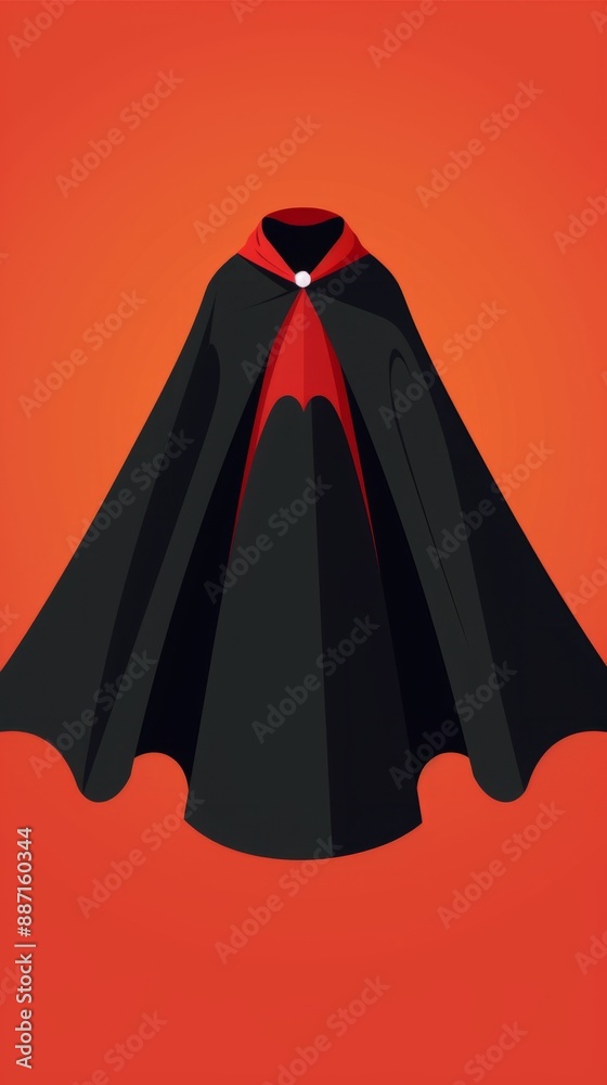 A black cape with a red lining and a white button hangs against an orange background, halloween mood A black cape with a red lining and a white button hangs against an orange background, halloween mood