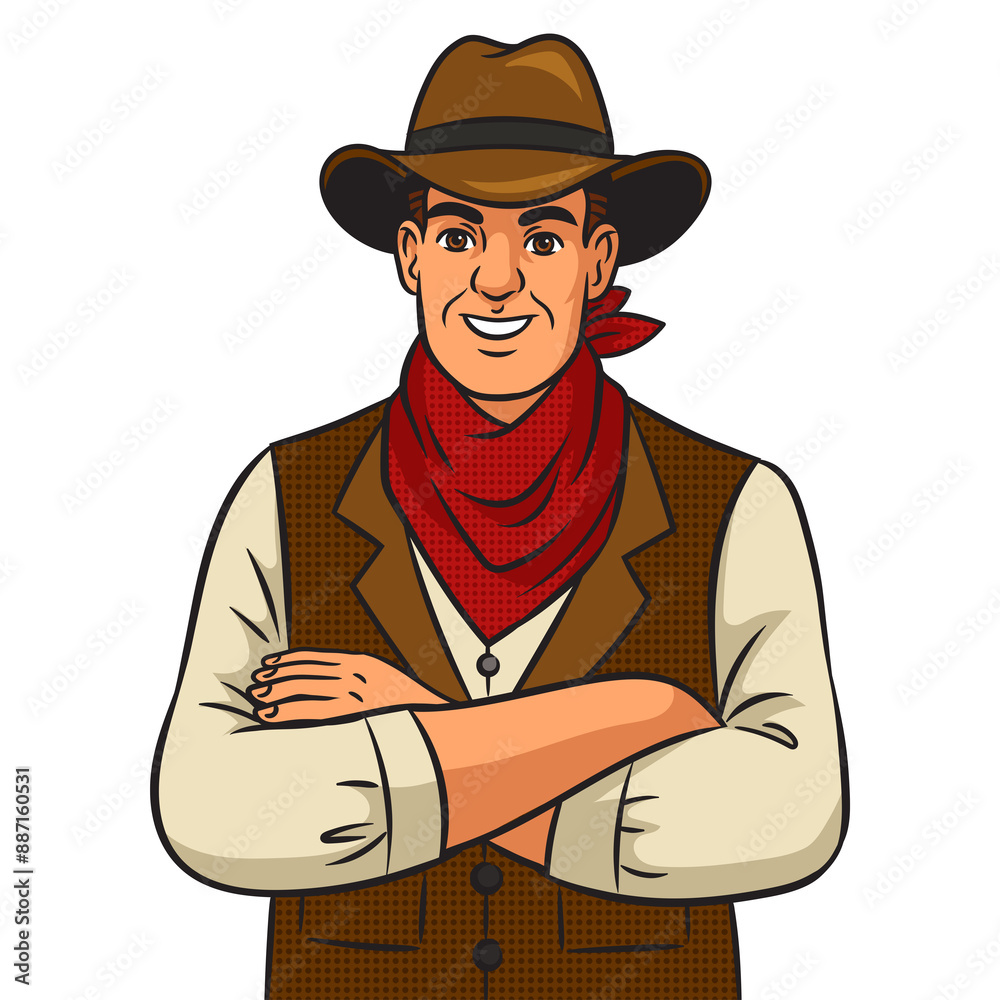 Smiling happy cowboy man pinup pop art retro PNG illustration. Comic book style imitation.