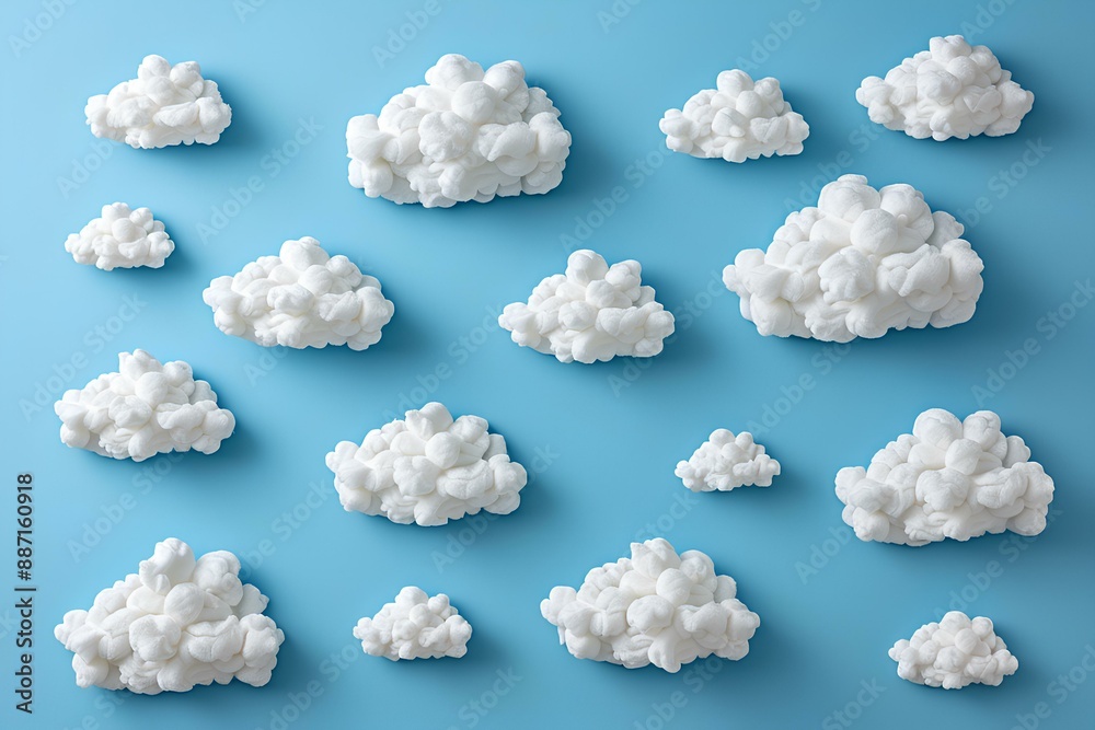 A bunch of white clouds sitting on top of a blue surface A bunch of white clouds sitting on top of a blue surface
