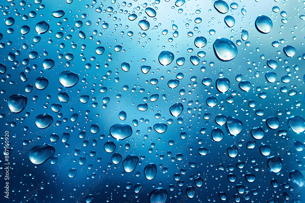 Close-up of water droplets on glass with blue background