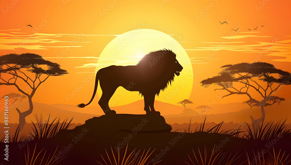 Fototapeta premium A majestic lion stands on a rock with a stunning African sunset in the background, capturing the beauty and wildlife of the savannah.