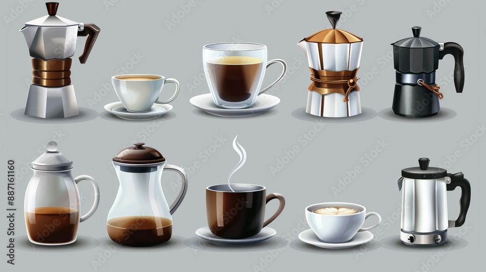The image displays a variety of coffee beverages and brewing devices, highlighting different styles and methods of coffee making, suitable for coffee enthusiasts and baristas alike. The image displays a variety of coffee beverages and brewing devices, highlighting different styles and methods of coffee making, suitable for coffee enthusiasts and baristas alike.