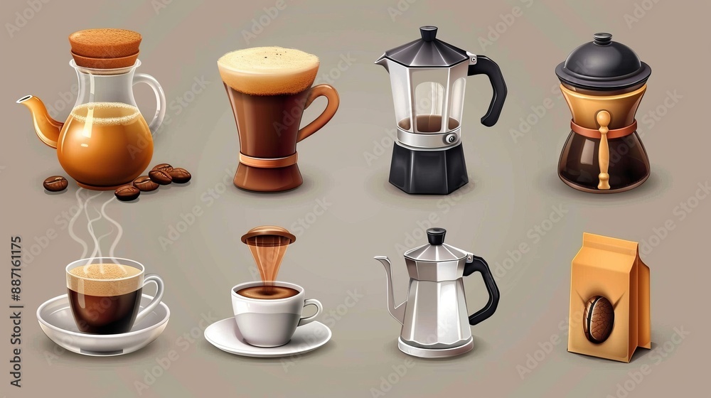Illustrated collection of various coffee drinks and brewing methods, depicting different ways to prepare and enjoy coffee, ideal for coffee lovers and baristas. Illustrated collection of various coffee drinks and brewing methods, depicting different ways to prepare and enjoy coffee, ideal for coffee lovers and baristas.