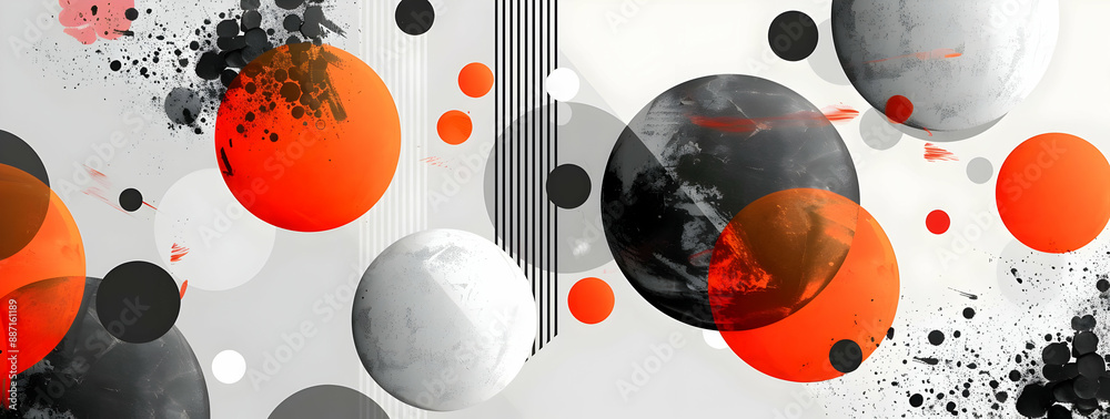 Obraz premium Abstract digital artwork with bold orange, black, and white circles and splashes on a white background. Modern and dynamic composition.