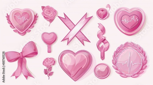 Set of various heart and pink ribbon themed elements including roses, wings, and bows, symbolizing love, health, and breast cancer awareness. Artistic and decorative design.