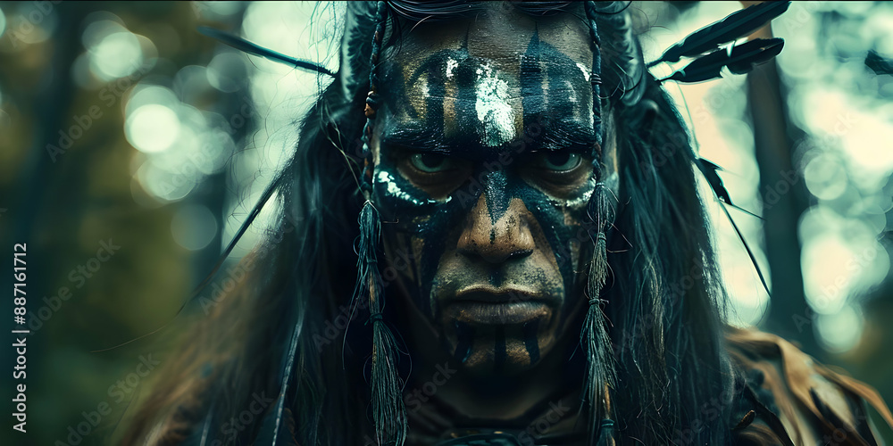 Closeup of a man with traditional tribal face paint and feathers, set in a forested environment, showcasing cultural heritage. Closeup of a man with traditional tribal face paint and feathers, set in a forested environment, showcasing cultural heritage.