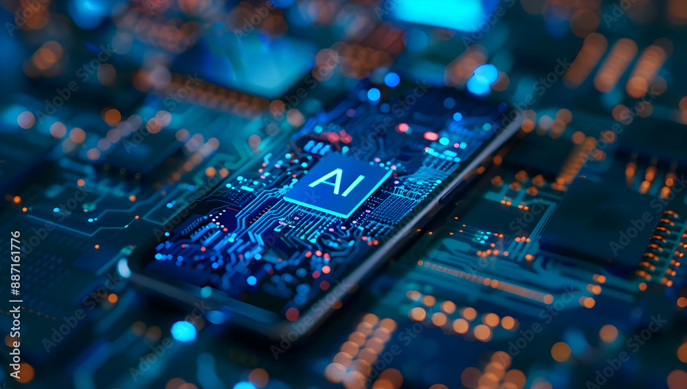 Close-up of a smartphone with AI on the screen, surrounded by circuitry. Represents advanced technology and artificial intelligence. Close-up of a smartphone with AI on the screen, surrounded by circuitry. Represents advanced technology and artificial intelligence.