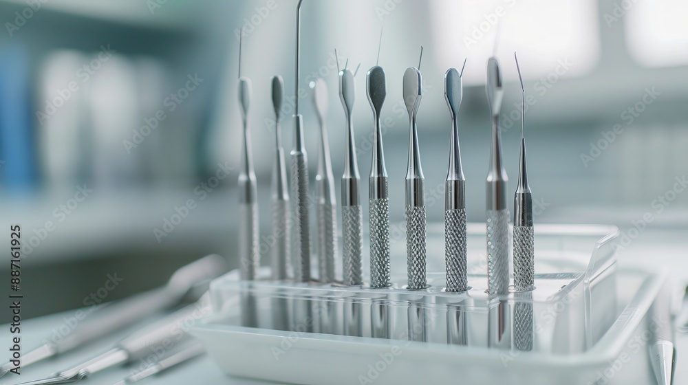 This image shows a perfectly arranged set of dental tools in a metallic holder, commonly used by dentists to perform various dental procedures and check-ups on patients. This image shows a perfectly arranged set of dental tools in a metallic holder, commonly used by dentists to perform various dental procedures and check-ups on patients.