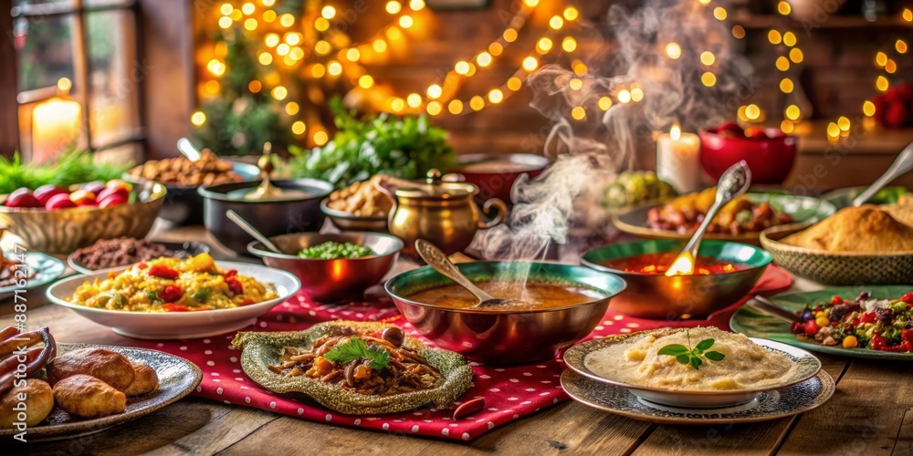 Cozy Indian dining setting with steaming dishes, vibrant fabrics, and festive decorations, capturing warmth and togetherness of a family dinner at home.