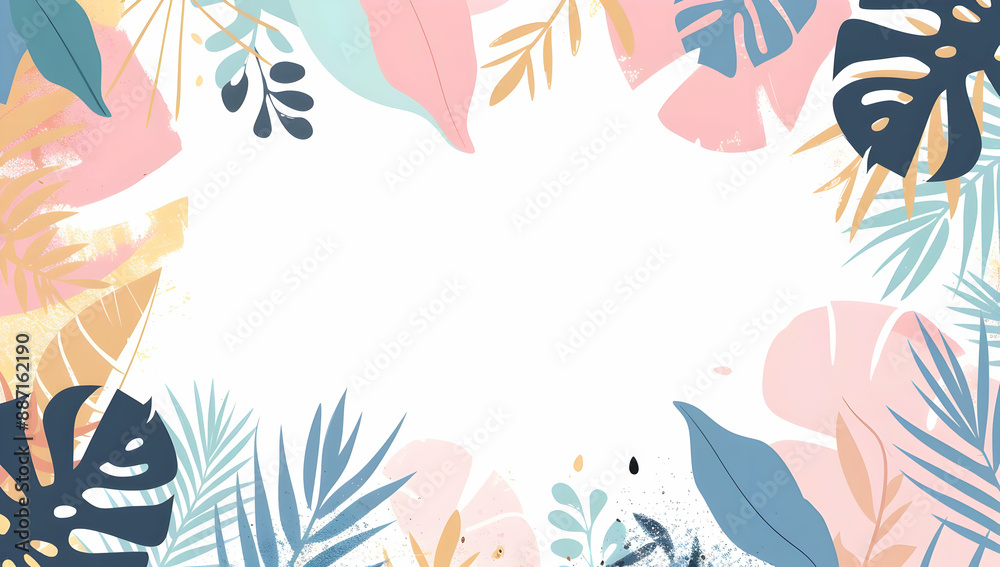 Fototapeta premium Colorful tropical leaves frame with space for text. Modern botanical background in soft pastel colors, perfect for seasonal designs.