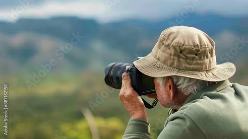 Happy retirees on a guided tour, capturing memories with their cameras, picturesque scenery and joyful moments, preserving their travel experiences