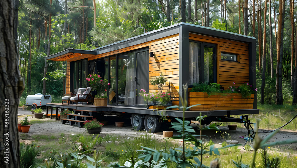 Cozy modern tiny house nestled in a lush forest setting, featuring a wooden exterior and large windows embracing natural light. Cozy modern tiny house nestled in a lush forest setting, featuring a wooden exterior and large windows embracing natural light.