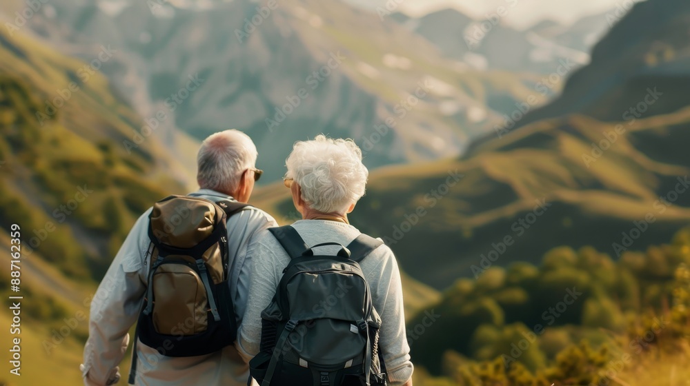 Senior couple embarking on a discovery trek through a picturesque valley, backpacks and hiking gear, the joy of exploration evident in their smiles Senior couple embarking on a discovery trek through a picturesque valley, backpacks and hiking gear, the joy of exploration evident in their smiles