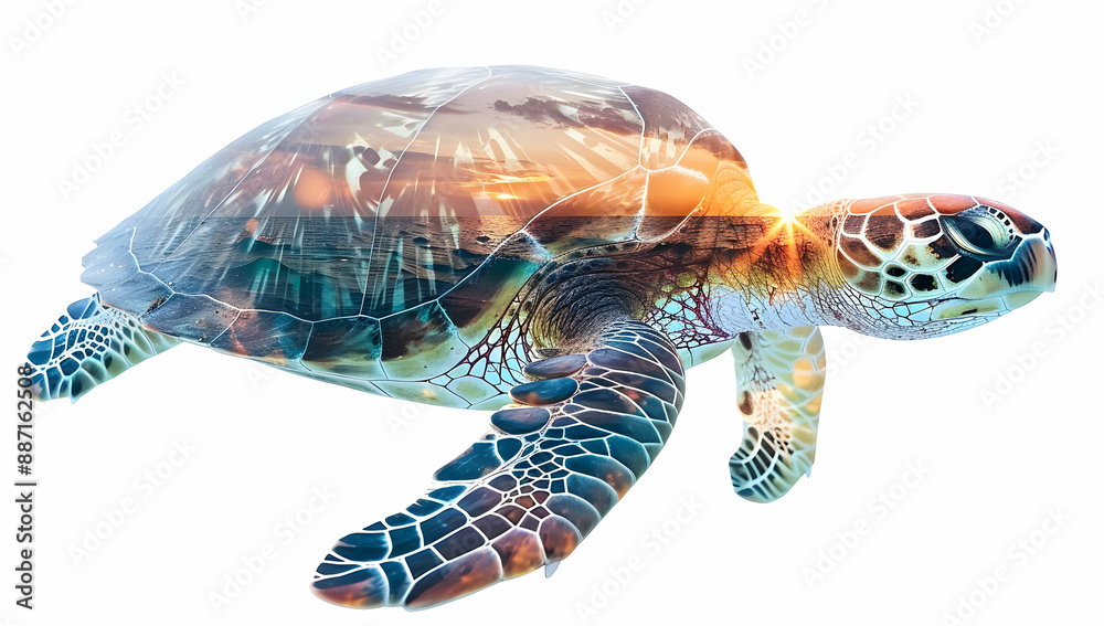 Fototapeta premium Double exposure of sea turtle with sunset seascape overlay, symbolizing marine life and nature's beauty. Perfect for environmental themes.