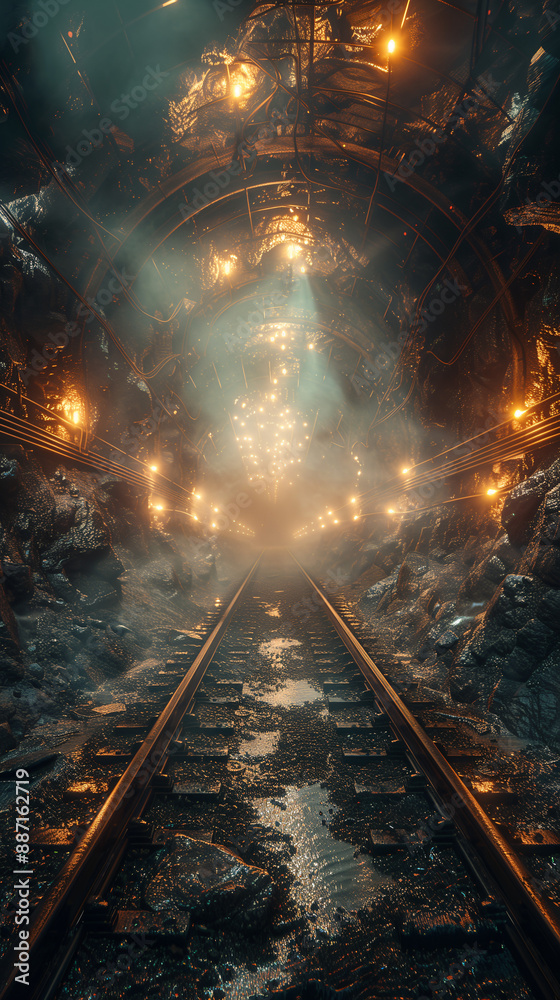 Naklejka premium A metro station under construction with dust clouds from drilling and excavation, realistic, high detail, 8k