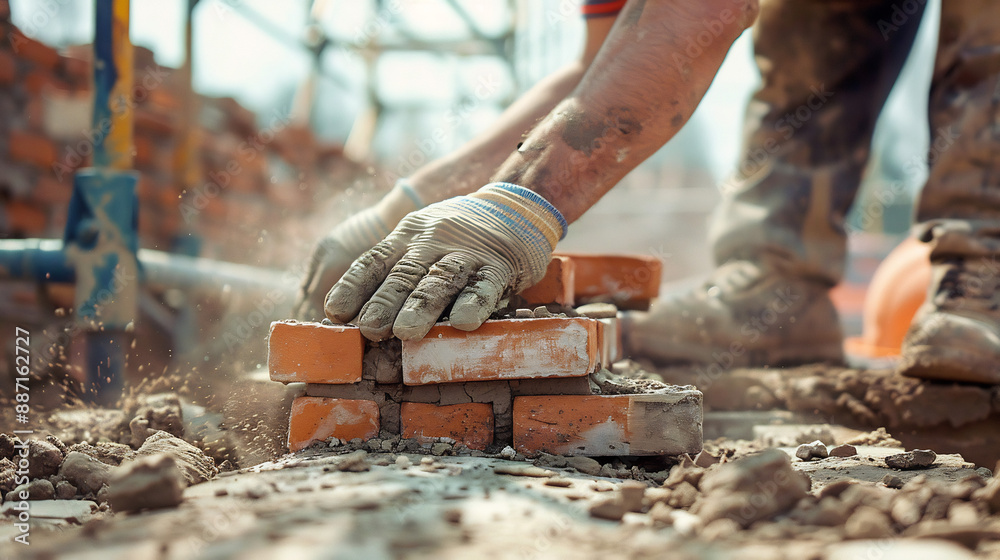 Construction Worker Laying Bricks on Site Construction Worker Laying Bricks on Site