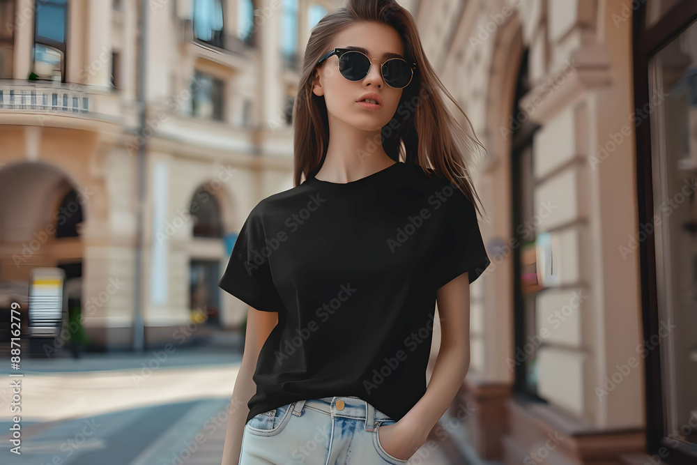 Fashionable young woman in black t-shirt and sunglasses, posing confidently in urban setting with classic architecture. Fashionable young woman in black t-shirt and sunglasses, posing confidently in urban setting with classic architecture.