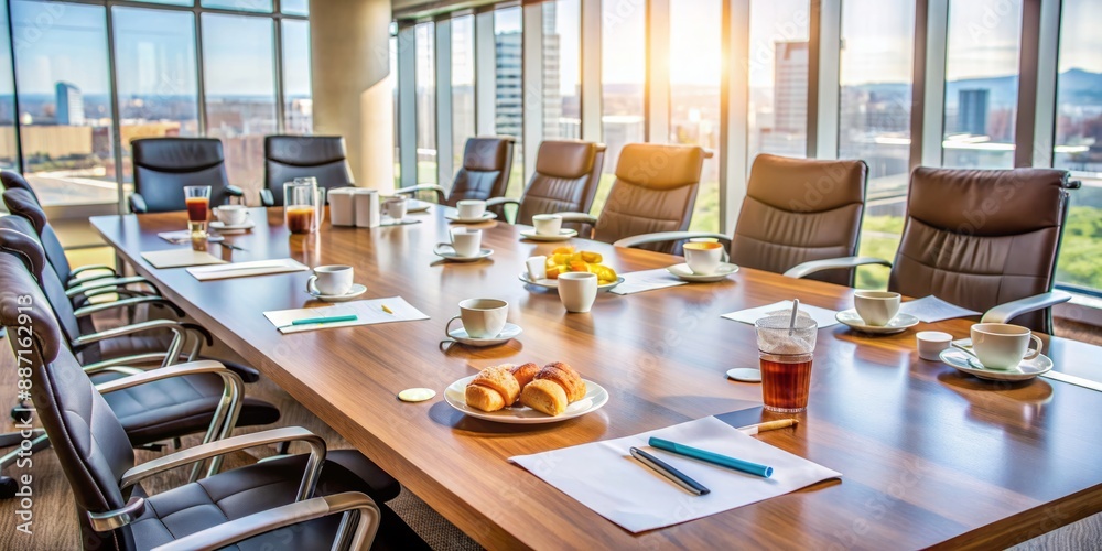 Empty conference room with abandoned chairs, scattered papers, and refreshments, including coffee cups, water bottles, and pastries, during a brief meeting interlude. Empty conference room with abandoned chairs, scattered papers, and refreshments, including coffee cups, water bottles, and pastries, during a brief meeting interlude.