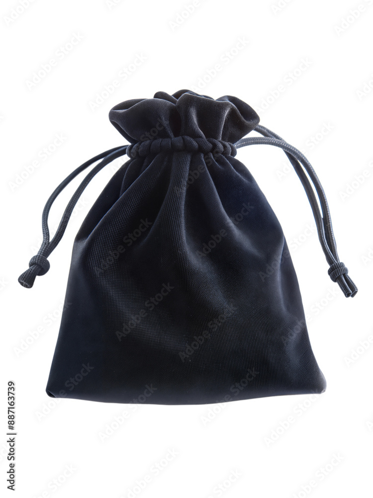 Black velvet drawstring pouch isolated on a transparent background