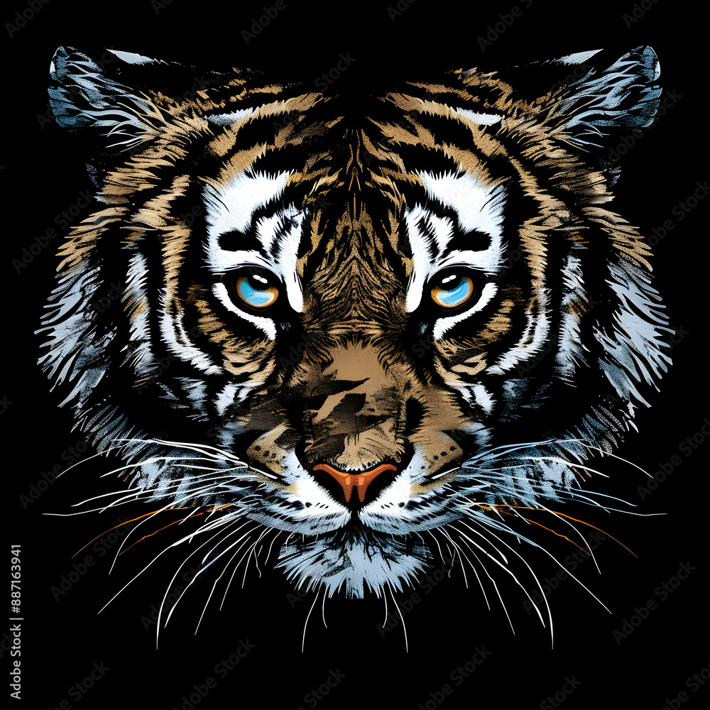 Intricate artistic illustration of a tiger face on a black background, showcasing vivid colors and detailed features, evoking strength and beauty. Intricate artistic illustration of a tiger face on a black background, showcasing vivid colors and detailed features, evoking strength and beauty.