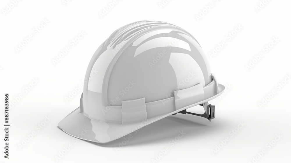Fototapeta premium A side profile view of a white construction helmet displayed on a white backdrop, emphasizing the crucial protective equipment used by construction professionals.