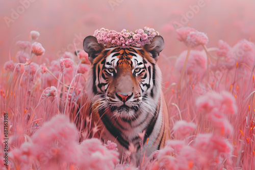 Majestic tiger wearing a floral crown in a dreamy pink meadow, exuding grace and strength. Perfect for nature and wildlife themes. photo