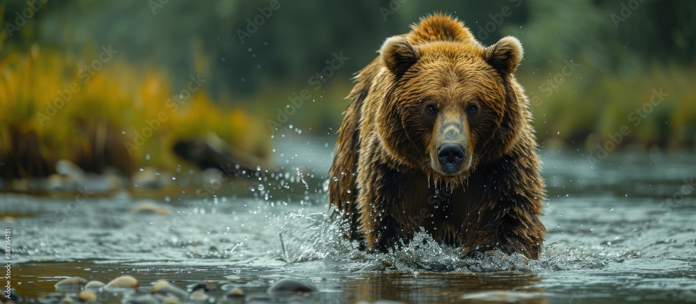 Obraz premium Grizzly Bear Wading Through a River