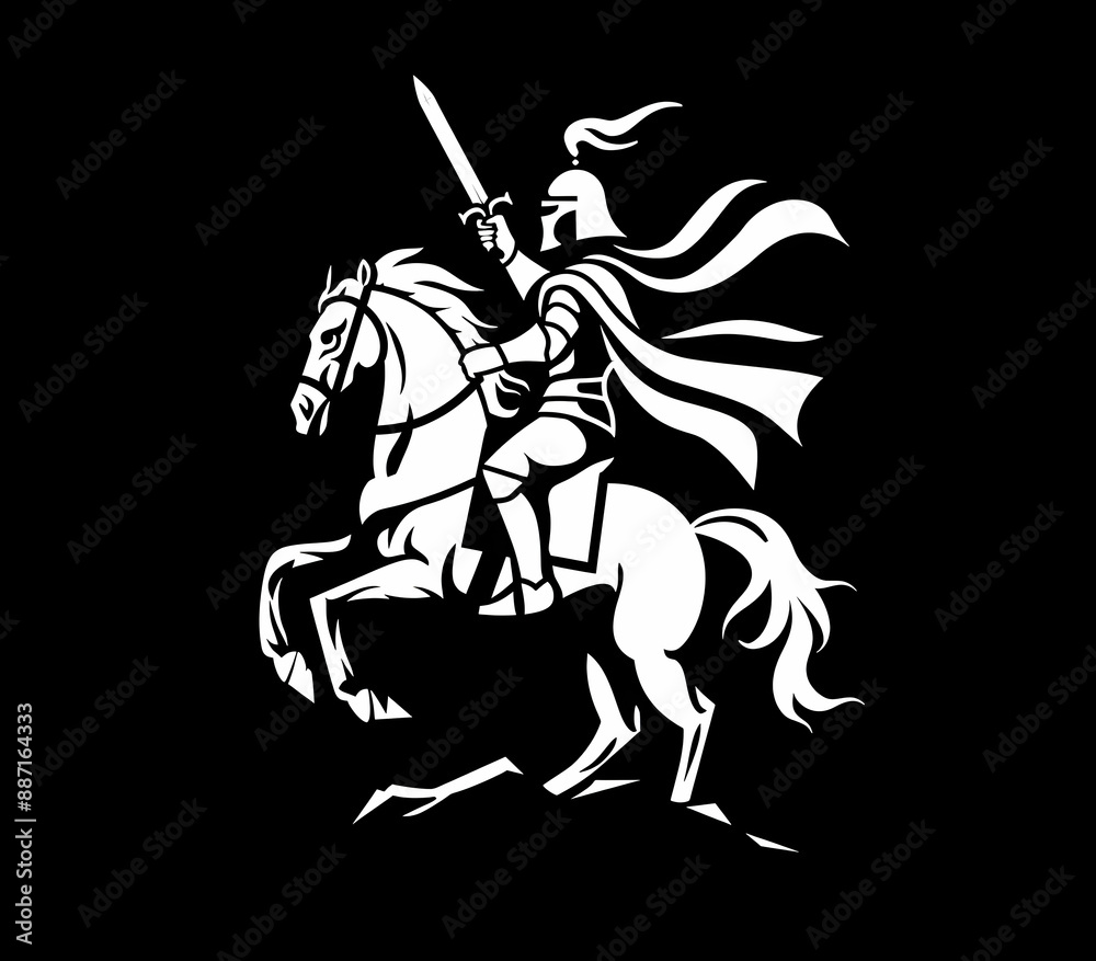 Silhouette of a heroic knight in armor on horseback with a flowing cape, wielding a sword against a black background. Silhouette of a heroic knight in armor on horseback with a flowing cape, wielding a sword against a black background.