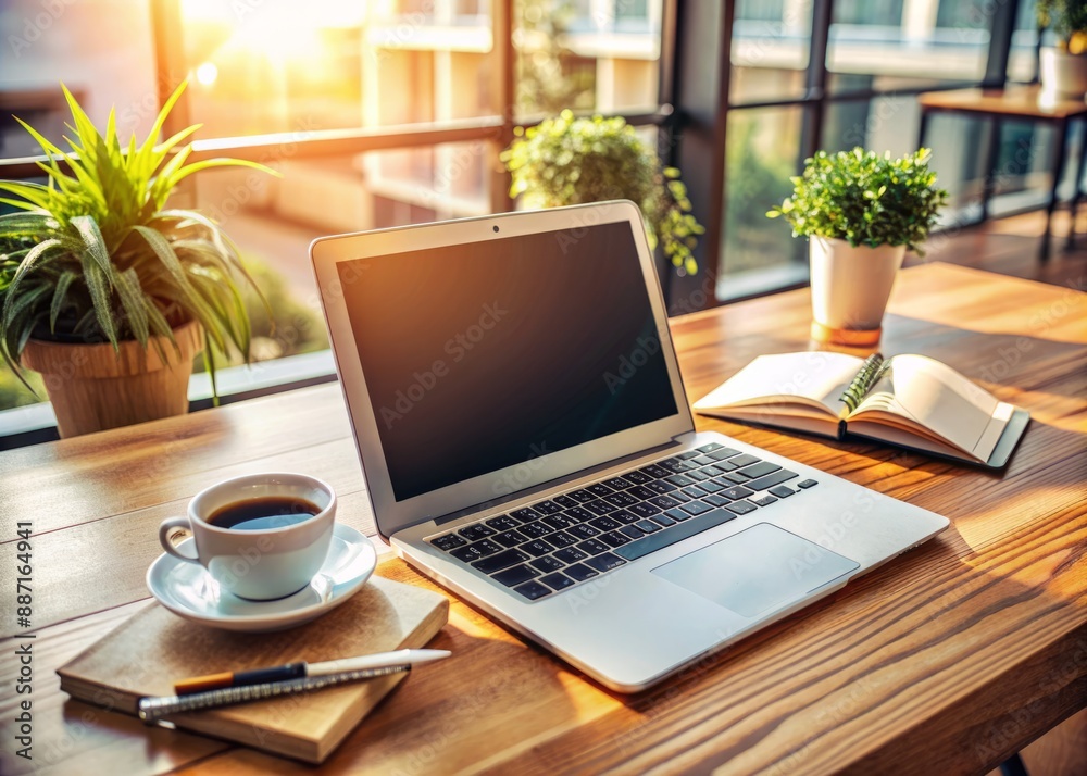 Modern laptop computer sitting on a wooden desk surrounded by notebooks and coffee cup, keyboard lit up with a focused workspace atmosphere. Modern laptop computer sitting on a wooden desk surrounded by notebooks and coffee cup, keyboard lit up with a focused workspace atmosphere.