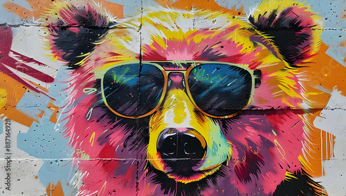 Vibrant and colorful street art mural of a bear wearing sunglasses on a grungy urban wall, showcasing breathtaking graffiti artistry.