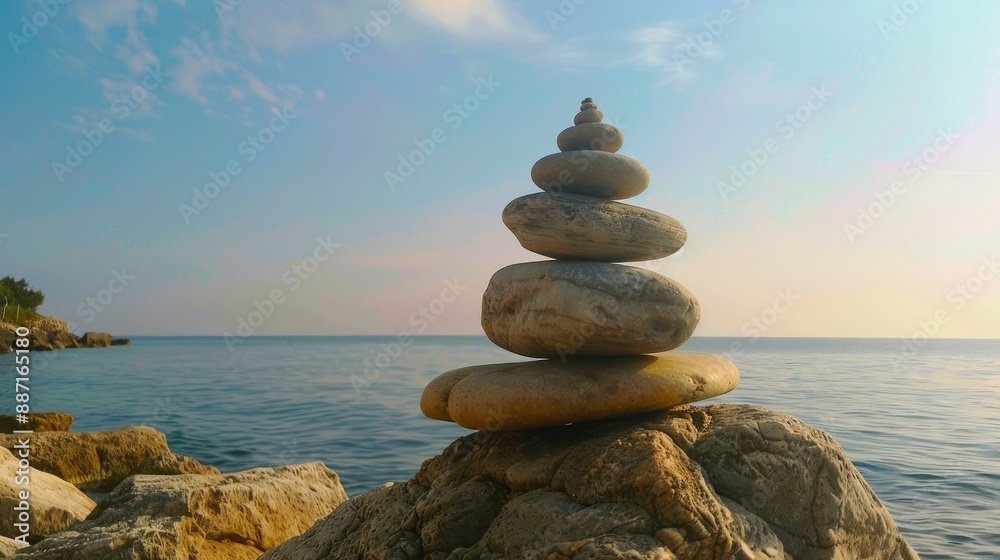 Fototapeta premium Balancing rocks by the sea Tourist made stone tower for wishes
