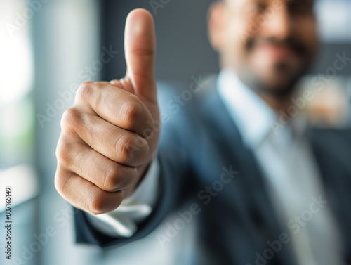 Close-up of businessman giving thumbs-up in modern office, with blurred white background and bokeh effect