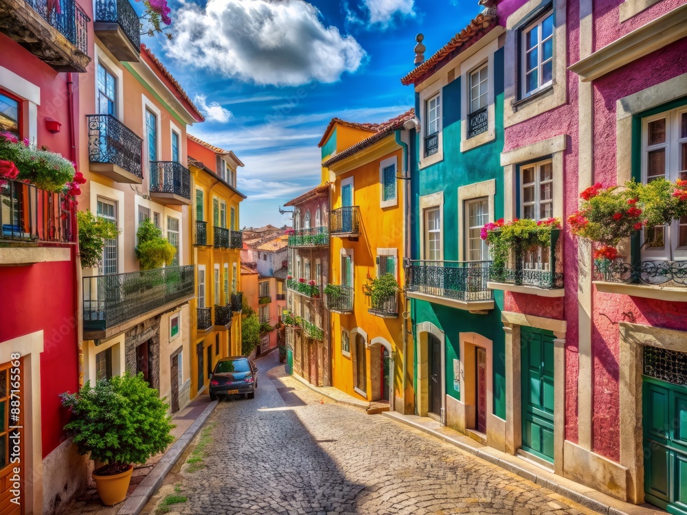 Fototapeta premium Vibrant summer scene of picturesque Portuguese city streets with colorful buildings, historic architecture, and scenic alleys awaiting exploration by adventurous travelers.