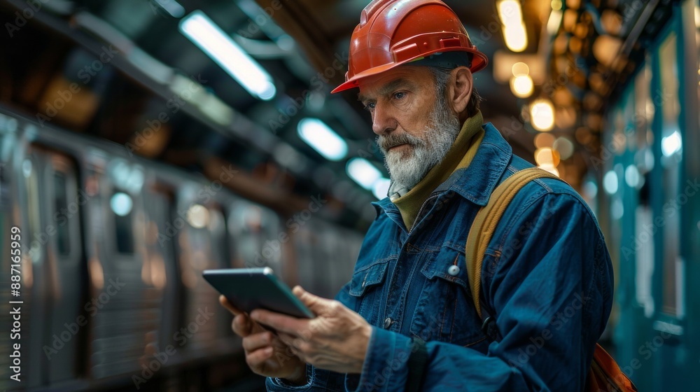 Railway worker with tablet computer . Railway employee in working clothes works with tablet computer. Railway engineer waiting for the train arrived at platform. Railway worker with tablet computer . Railway employee in working clothes works with tablet computer. Railway engineer waiting for the train arrived at platform.