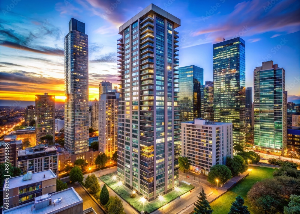 Modern high-rise apartment building stands tall in urban landscape, surrounded by cityscape, photographed in daylight and illuminated by city lights at dusk. Modern high-rise apartment building stands tall in urban landscape, surrounded by cityscape, photographed in daylight and illuminated by city lights at dusk.