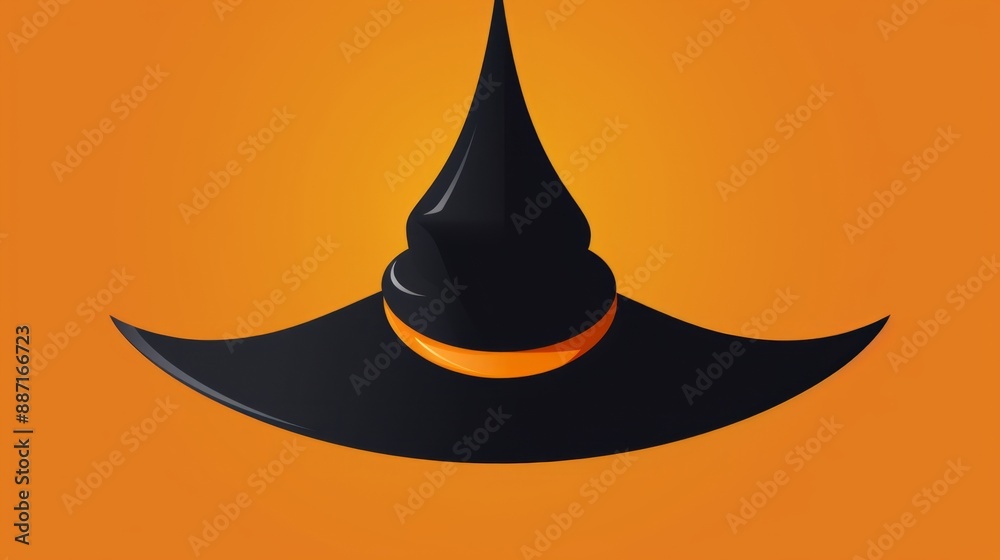 Fototapeta premium A black witch hat with an orange band sits on an orange background, halloween mood