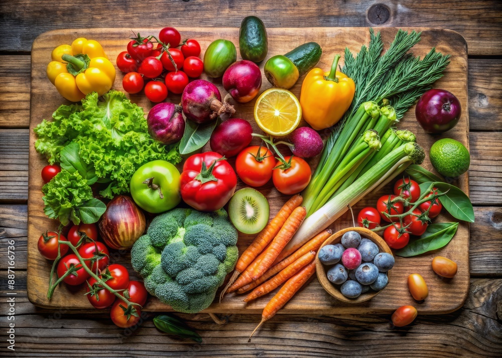 Fresh organic vegetables and fruits artfully arranged on a rustic wooden cutting board, awaiting assembly into a nutritious and visually stunning salad. Fresh organic vegetables and fruits artfully arranged on a rustic wooden cutting board, awaiting assembly into a nutritious and visually stunning salad.
