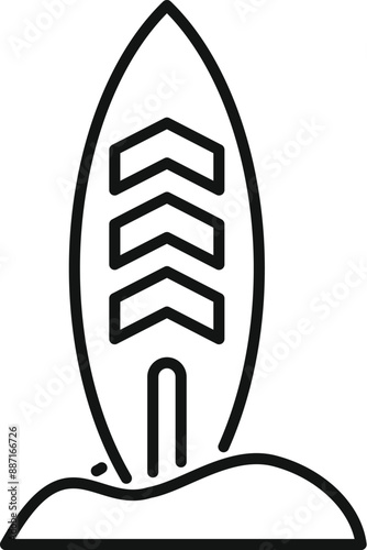 Line drawing of a surfboard planted in the sand, evoking a sense of anticipation for the next wave