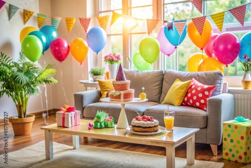 Cozy living room setup with balloons, colorful streamers, and a decorated table with cake, gifts, and party hats, conveying a warm and festive atmosphere.