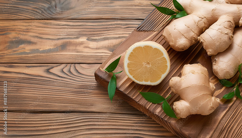 Fresh ginger with lemon on a wooden background. Top view. Copy space Fresh ginger with lemon on a wooden background. Top view. Copy space