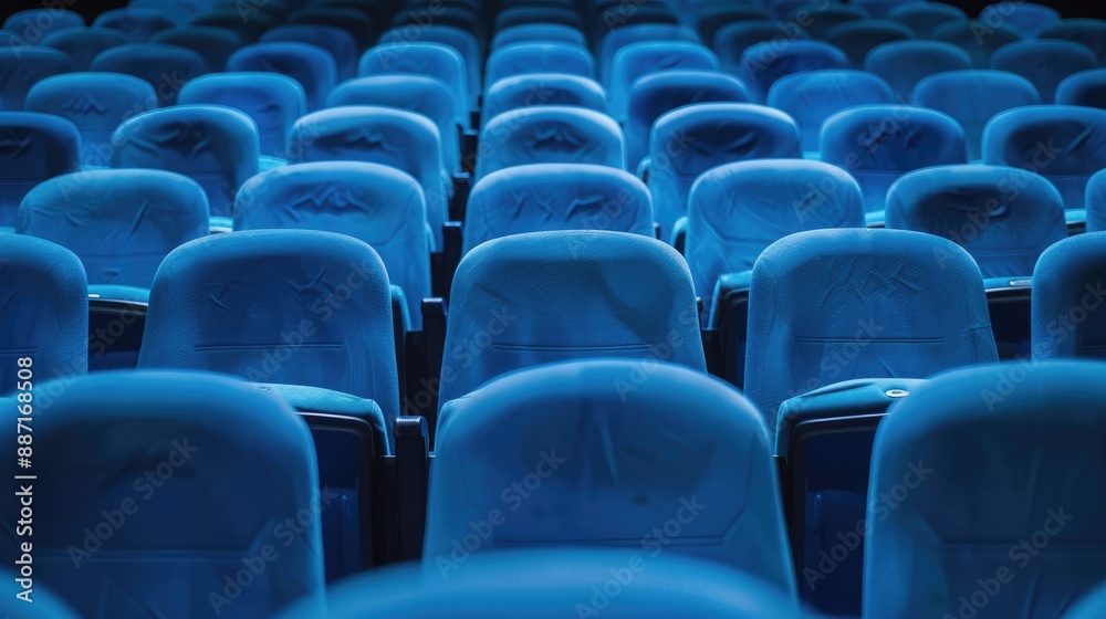 Empty blue chairs in the audience Empty blue chairs in the audience