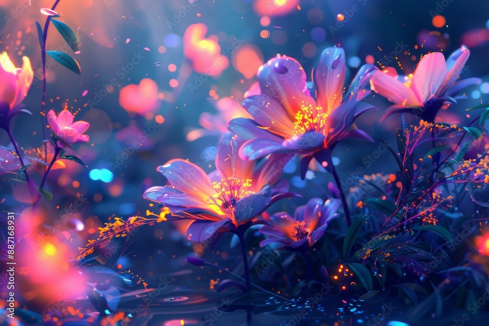 Glowing garden with illuminated flowers and dreamy atmosphere. Glowing garden with illuminated flowers and dreamy atmosphere.