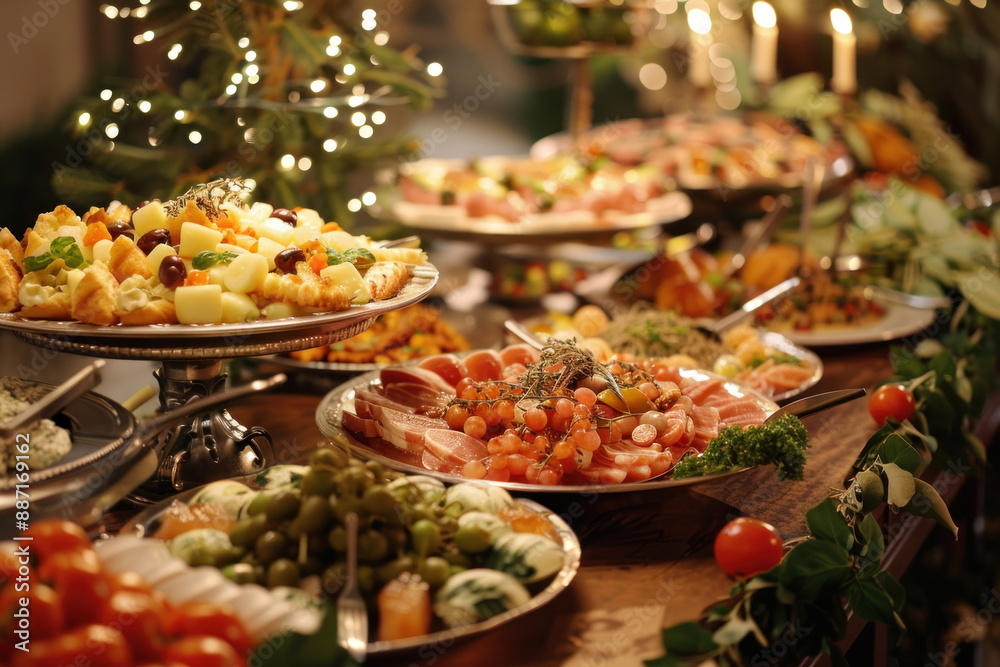 Fototapeta premium buffet foods on long table, Celebration, luxury food