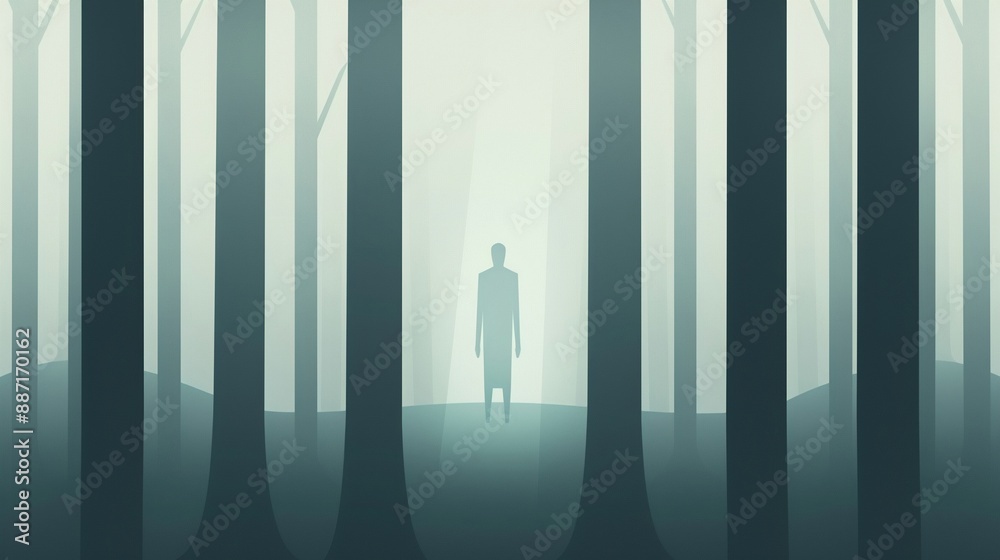 An eerie forest with a shadowy phantom figure partially visible through mist, exuding a cryptic and fascinating atmosphere, flat design illustration An eerie forest with a shadowy phantom figure partially visible through mist, exuding a cryptic and fascinating atmosphere, flat design illustration
